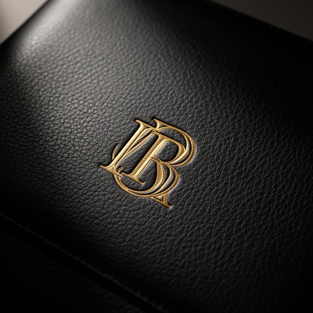 Black leather portfolio dossier with gold foil monogram